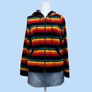 Rainbow striped Y2K velour zip up hoodie sweater